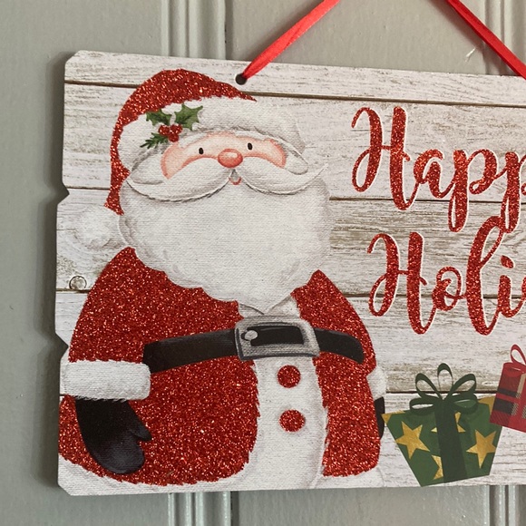 NWT Gleaming Red Glittered Santa Happy Holidays Planked Wood Decoration Sign - Picture 11 of 17